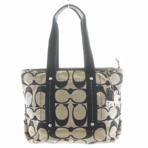 シグネチャー トートバッグ ハンドバッグ 花チャーム キャンバス レザー ベージュ 黒 ブラック F18855