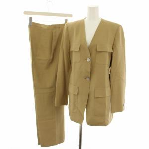 スーツ セットアップ 上下 ノーカラージャケット パンツ スラックス 絹 シルク 42 ベージュ /YT