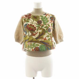 ニット カットソー 半袖 花柄 ハイネック 切替 ウール シルク 絹 S ベージュ 緑 グリーン /AN18