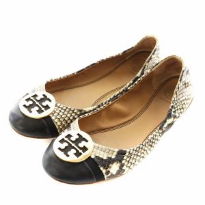 フラットシューズ ラウンドトゥ パイソン柄 ロゴ レザー 7.5 ベージュ 黒 ブラック 64579 /AN11