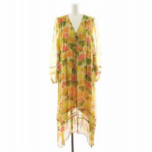 フローラル ロング ドレス ワンピース 長袖 花柄 シルク 絹 2 ライトグリーン 黄 イエロー CD260