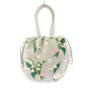 PUR MUGUET ピュールミュゲ 手付き巾着 ハンドバッグ すずらん柄 花柄 ポンポン 装飾 F 水色