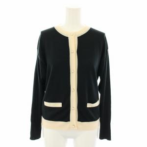 ニットカーディガン クルーネック 長袖 パールボタン 薄手 S 黒 ブラック オフホワイト /YT