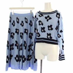 フラワーニットジャガードトップ 長袖 スカート ミモレ丈 ロング 花柄 36 水色 紺 /TK