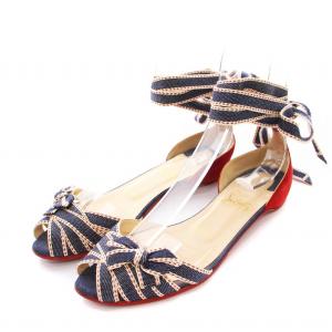 フラット サンダル レースアップ リボン デニム ステッチ 36 紺 赤 /YM