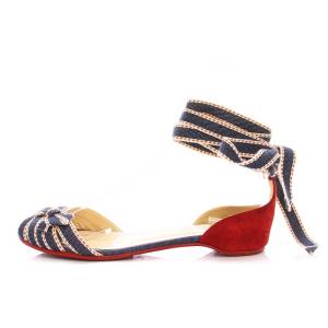 Christian Louboutin フラット サンダル レースアップ リボン デニム ステッチ 36 紺 赤 /YM