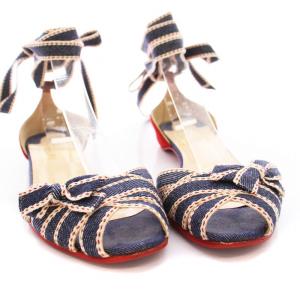 Christian Louboutin フラット サンダル レースアップ リボン デニム ステッチ 36 紺 赤 /YM