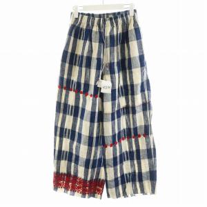 イージーパンツ ワイドパンツ チェック柄 刺繍 コットン リネン混 麻 0 紺 ネイビー 白 ホワイト