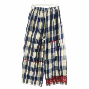 45R イージーパンツ ワイドパンツ チェック柄 刺繍 コットン リネン混 麻 0 紺 ネイビー 白 ホワイト