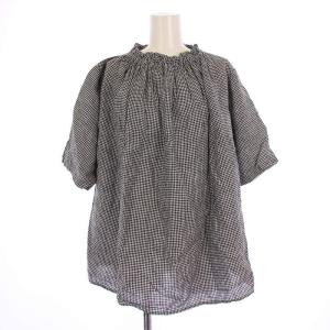 リネンフリルカラーブラウス シャツ 半袖 ギンガムチェック F 黒 白 01203-1553-1 /BM