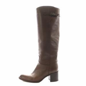 ロングブーツ チャンキーヒール レザー 35 茶 ブラウン /AN17