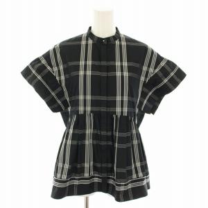 タフタステッチペプラムブラウス シャツ バンドカラー 半袖 チェック柄 黒 ブラック 白 ホワイト 1516-162-1550