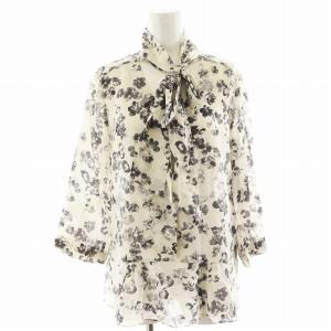 シャツ ブラウス 長袖 花柄 ボウタイ シルク 絹 M グレー 白 ホワイト 51110737070 /AN24