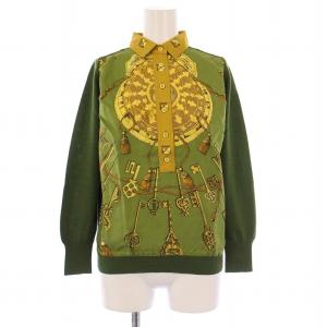 ニット 長袖 レギュラーカラー ハーフボタン 切替 38 緑 グリーン 黄色 イエロー /BB