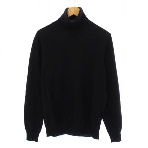 ニット セーター 長袖 タートルネック エルボーパッチ ウール レザー 羊革 M 黒 ブラック /BB