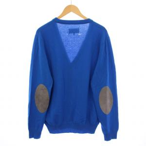 ニットカーディガン 長袖 Vネック エルボーパッチ ウール L 青 ブルー /BB