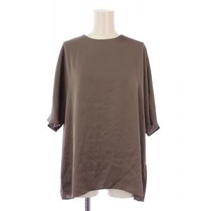 24SS ライトサテンハーフスリーブブラウス シャツ プルオーバー 五分袖 クルーネック 無地 F グレー