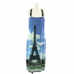 転写プリントワンピース ひざ丈 ノースリーブ ベアトップ サスペンダー 2way エッフェル塔柄 3 青