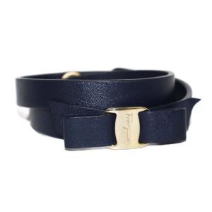 Salvatore Ferragamo ヴァラリボン 2連ブレスレット レザー ネイビー /KH OH