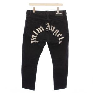 デニムパンツ ジーンズ ボタンフライ カーブロゴ プリント レザーパッチ 牛革 32 黒 ブラック /BB