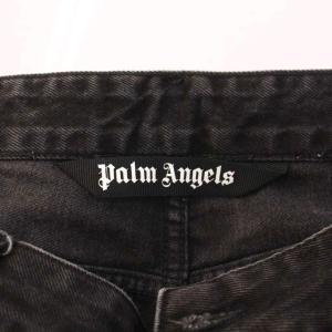 PALM ANGELS デニムパンツ ジーンズ ボタンフライ カーブロゴ プリント レザーパッチ 牛革 32 黒 ブラック /BB