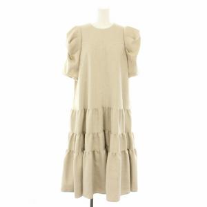 リネンライクティアードワンピース ひざ丈 半袖 パワーショルダー M ベージュ 7S506 /YT