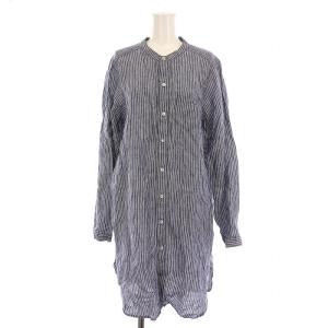 バンドカラー ロング シャツ ストライプ リネン 長袖 紺 白 01122-1125 /YM
