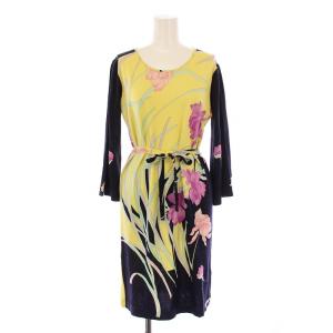 ワンピース ひざ丈 長袖 クルーネック 花柄 ウール ベルト 42 黄色 イエロー マルチカラー /BB