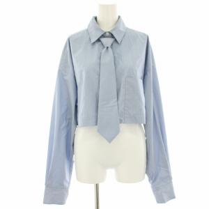 23SS ネクタイショートシャツ ブラウス ストライプ 長袖 カットオフ F 水色 ライトブルー 白 ホワイト