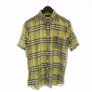 カジュアルシャツ 半袖 リネン混 チェック L 黄 イエロー A1M71-721-65 /EE