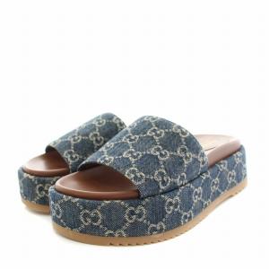 ウィメンズプラットフォームスライドサンダル デニム GG柄 37 ネイビー ホワイト