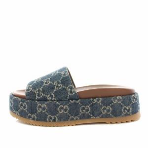 GUCCI ウィメンズプラットフォームスライドサンダル デニム GG柄 37 ネイビー ホワイト