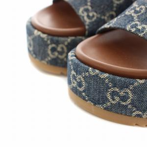 GUCCI ウィメンズプラットフォームスライドサンダル デニム GG柄 37 ネイビー ホワイト
