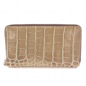 長財布 ロングウォレット ラウンドファスナー レザー クロコ型押し ベージュ 茶 ブラウン /BB