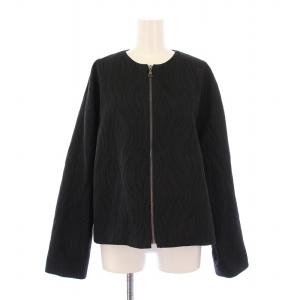 23AW ノーカラージャケット アウター ショート丈 ジップアップ 総柄 シルク ウール 38 黒 ブラック