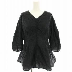 22SS ミックスジャガードブラウス シャツ プルオーバー ペプラム 七分袖 F 黒 ブラック 512220421001
