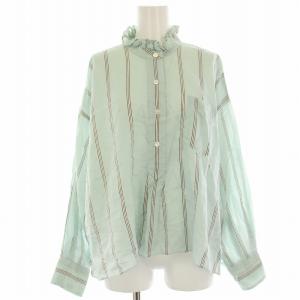 コットンシルクレーヨンストライプブラウス シャツ 絹混 フリルネック 長袖 36 水色 ライトブルー 白