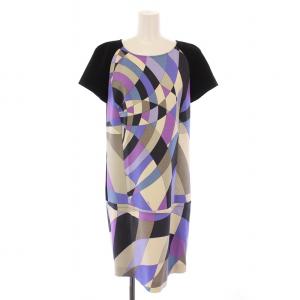 ワンピース ミモレ ロング 半袖 クルーネック ストレッチ プッチ柄 ウール IT44 紫 パープル 黒