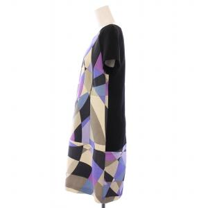 Emilio Pucci ワンピース ミモレ ロング 半袖 クルーネック ストレッチ プッチ柄 ウール IT44 紫 パープル 黒