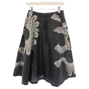 フレアスカート ミモレ ロング 刺繍 麻 リネン M 黒 ブラック 白 ホワイト /BB