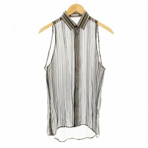 04SS シャツ ノースリーブ ストライプ柄 シアー シルク 38 黒 ブラック 茶 ブラウン 白 ホワイト