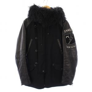 ジャケット アウター レザー ウール 切替 ラムファー カシミヤ混 ロゴ ワッペン 3 黒 ブラック /BB