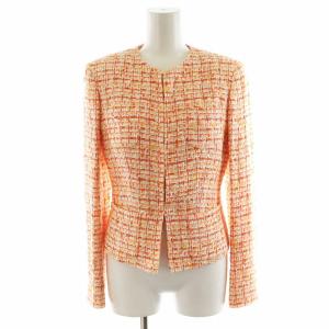 ノーカラージャケット ツイード 裏地花柄 シルク 絹 40 オレンジ 白 ホワイト /AN43