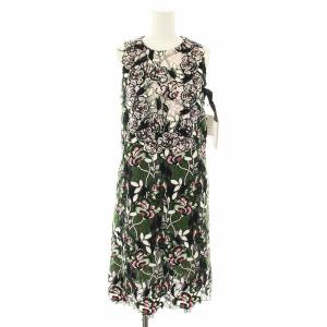 ワンピース ひざ丈 ノースリーブ 総レース 花柄 タグ付き 絹 シルク 38/XXS 黒 ブラック 緑