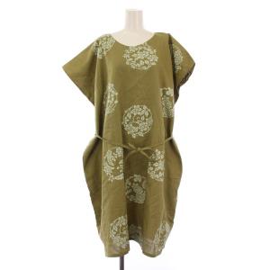 貫頭衣 KYOTO ワンピース ひざ丈 半袖 総柄 ウエストリボン リネン F グリーン /BM