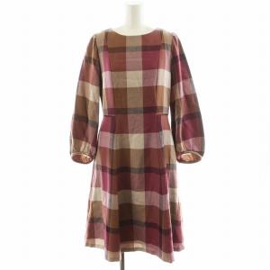 ワンピース ひざ丈 長袖 チェック柄 ウール 38 ピンク 茶 ブラウン 55J25-801-48 /AN51