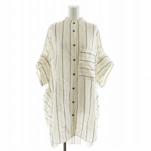 ユーカリストライプブラウス シャツ 半袖 ロング丈 麻 リネン混 38 白 ホワイト 黒 ブラック 531-1110503