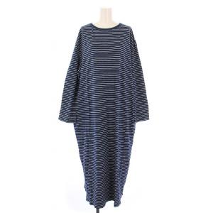 縞天竺のドレス ワンピース ミモレ ロング 長袖 クルーネック リボン ボーダー柄 Rロゴ 刺繍 0 紺