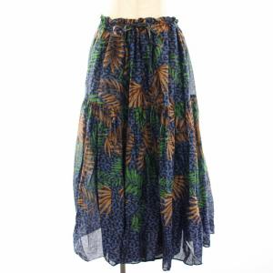 ボタニカルプリントティアードスカート フレアスカート ロング ミモレ ヒョウ柄 レオパード 総柄 M 青