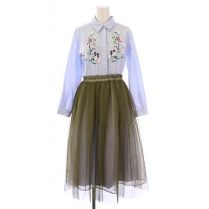 フレアワンピース ミモレ ロング 長袖 レギュラーカラー シャツ チュール 切替 シアー シースルー 花柄